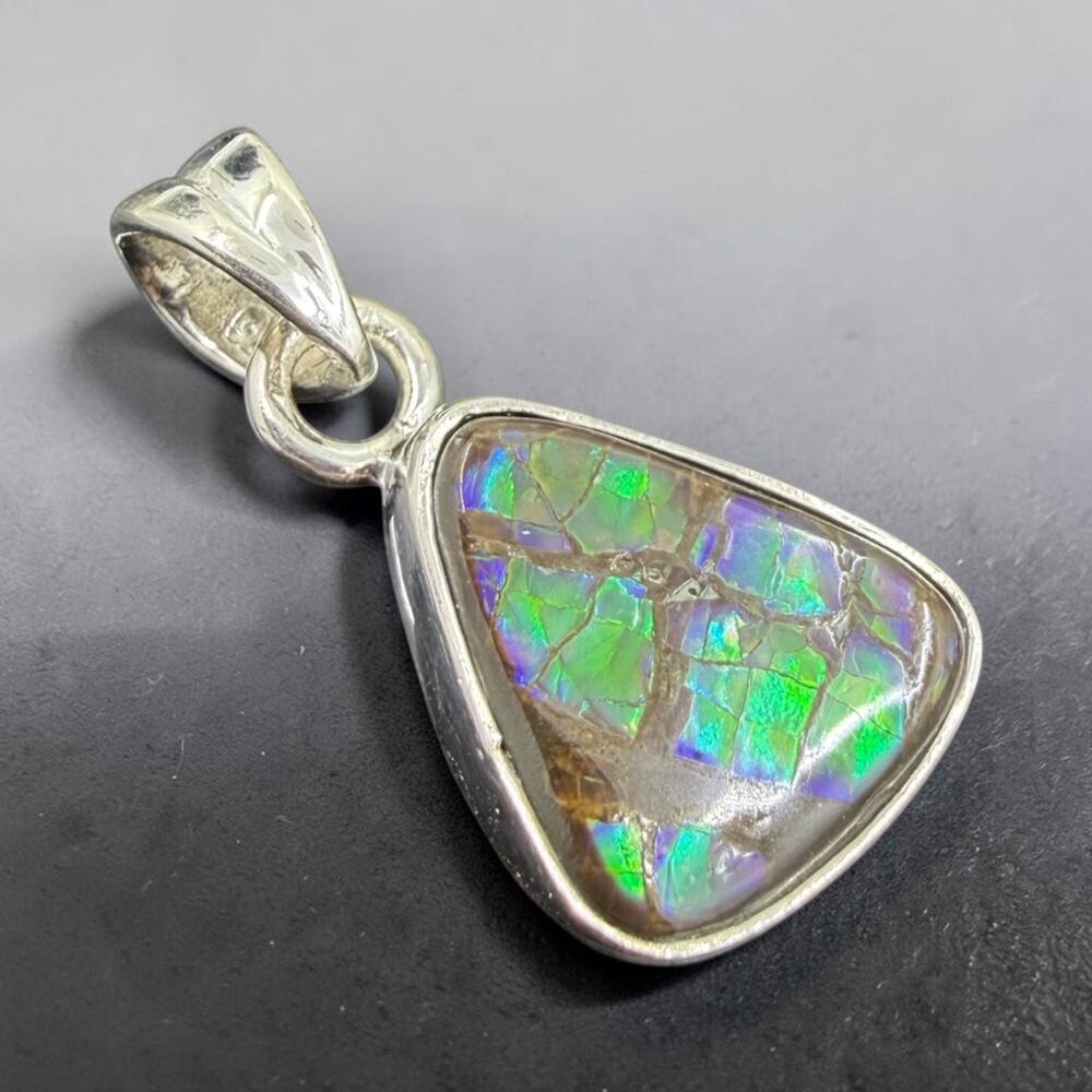 Genuine Ammolite Pendant 925 Sterling Silver Opalized Ammonite Artisan Crafted